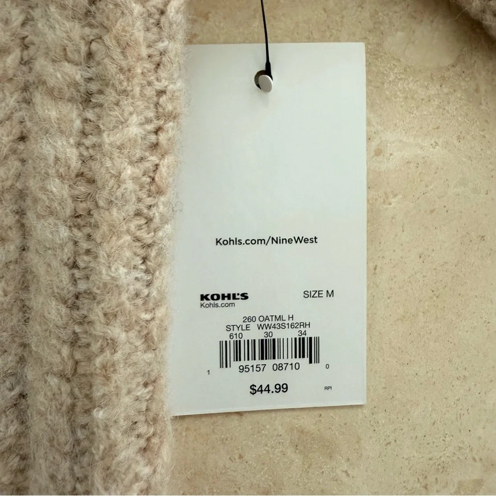 Nine West Beige Ribbed Rhinestone Knit Sweater Crew Neck Fuzzy Medium NWT